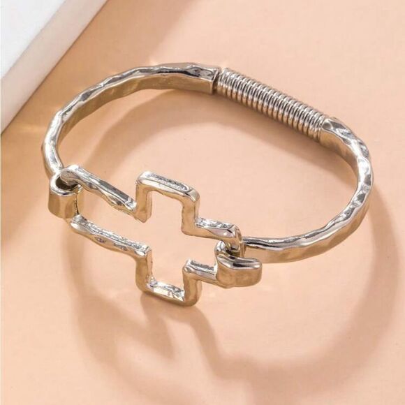 Geometric Cross Shaped Open Cuff Bracelet - Picture 4 of 13